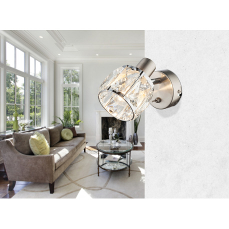 Nástenné svietidlo, kov nikel matný, chróm, sklenený kryštál priehľadný, vypínač, ŠxV:92x125, H:160, 8