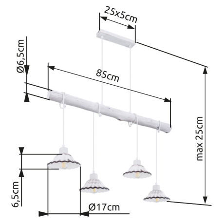 Závesné svietidlo, kov biely a čierny, drevo biele, keramika biela a čierna, DxŠxV: 850x170x1200, be 14