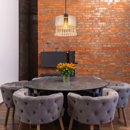 Závesné svietidlo, kov čierny matný, sklo dymové, sklenené kvapky priehľadné, akrylové krištále prie 1