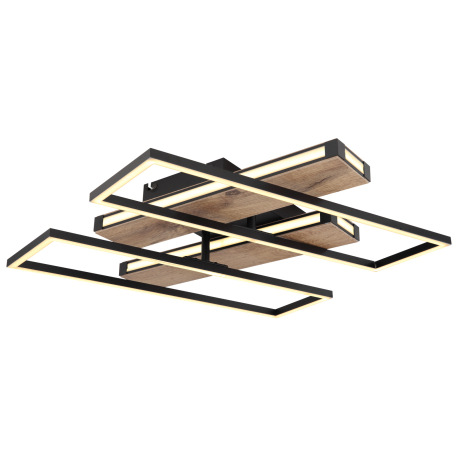 Stropné svietidlo, kov/hliník čierny matný, MDF so vzhľadom dreva, plast opál, niekoľko úrovní cez n 7