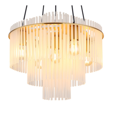 Závesná lampa, matný zlatý kov, satinované sklenené tykye s čírym prechodom, čierny PVC kábel, výško 5