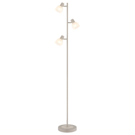 Stojacia lampa, kov matnej pieskovej farby, kov s imitáciou dreva, saténové sklo, kábel PVC čierny,