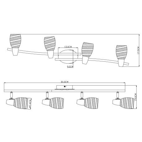 Stropné svietidlo, chróm, satinované sklo, DxV: 810x190, bez žiaroviek 4xE14, max. 40W 230V. 1