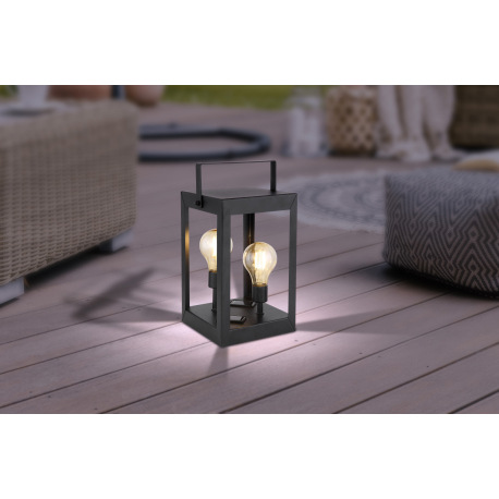 Solárne svietidlo, kov čierny, plast jantár, lampáš s dvomi žiarovkami Edison, IP44, vypínač, akumul 2