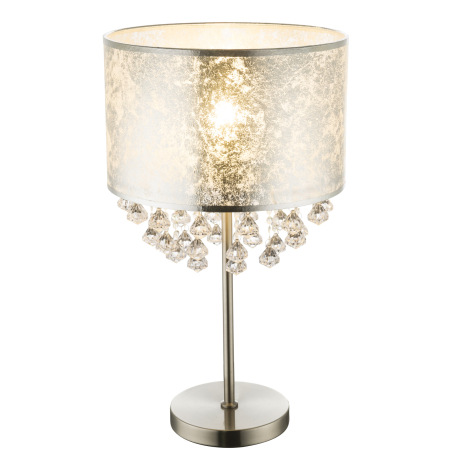 Stolová lampa, kov nikel matný, textil strieborný, akrylové krištále priehľadné, kábel 1,5m, vypínač