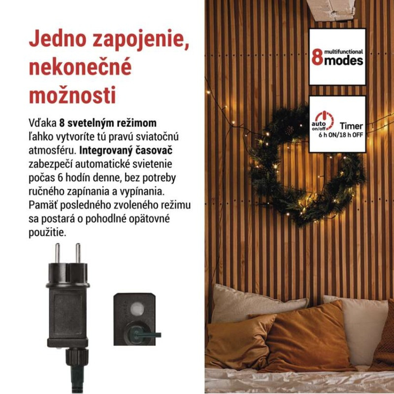 LED vianočná reťaz, 8 m, vonkajšia aj vnútorná, teplá biela, programy, časovač 2