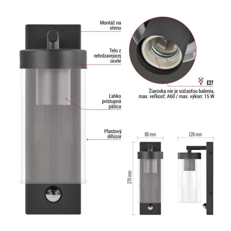 Záhradné nástenné svietidlo ZALA, senzor súmraku, 14,5 x 8,9 x 26,2 cm, 1 x E27, 15 W 5