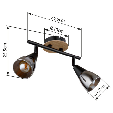 Nástenné svietidlo, bodové, kov čierny matný, drevo hnedé, sklo dymové, DxŠxV: 255x100x195mm, bez ži 6