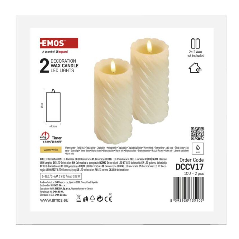 LED dekorácia – vosková sviečka, 17 cm, 2x AAA, vnútorná, teplá biela, 2 ks, časovač 5