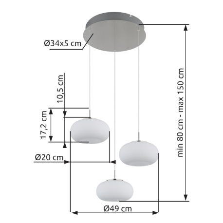 Závesné svietidlo, kov nikel matný, sklo biele, priehľadný kábel, ø: 490 mm, H: 1500 mm, výškovo nas 5