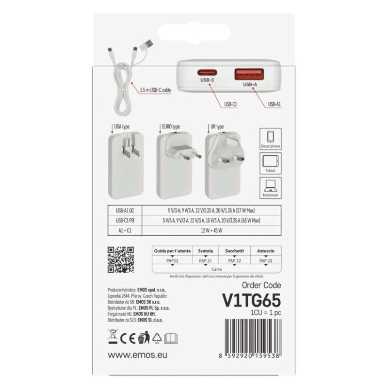 USB sieťový adaptér GaN PD 65W, AC + kábel 6