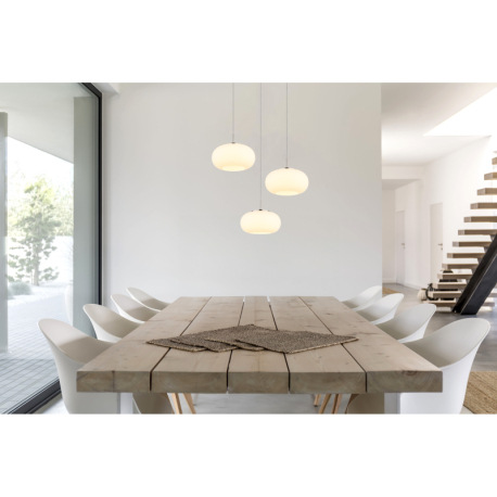 Závesné svietidlo, kov nikel matný, sklo biele, priehľadný kábel, ø: 490 mm, H: 1500 mm, výškovo nas 1