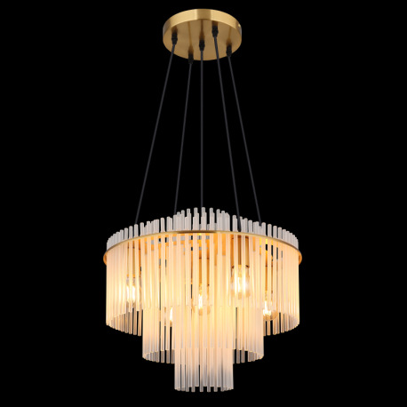 Závesná lampa, matný zlatý kov, satinované sklenené tykye s čírym prechodom, čierny PVC kábel, výško 3