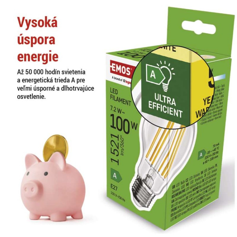 LED žiarovka Filament A60 A CLASS / E27 / 7,2 W (100 W) / 1521 lm / teplá biela 3