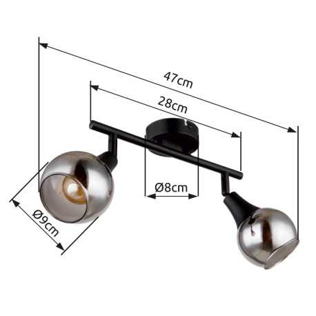 Nástenné svietidlo, kov čierny, sklo dymové, DxŠxV: 280x90x166mm, bez žiaroviek 2xE14, max. 40W 230V 8