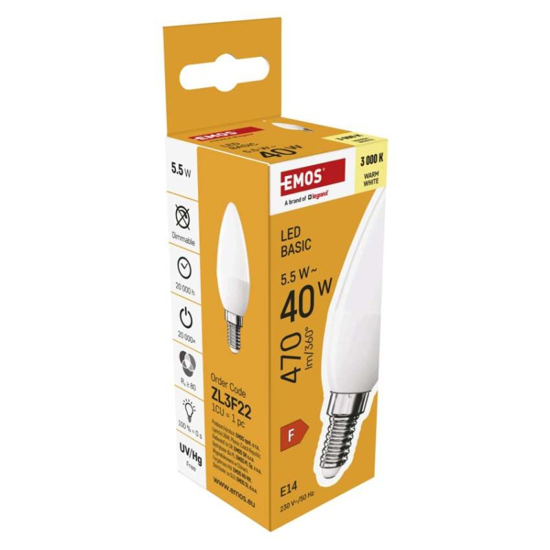 LED žiarovka Basic sviečka / E14 / 5,5 W (40 W) / 470 lm / Teplá biela 5