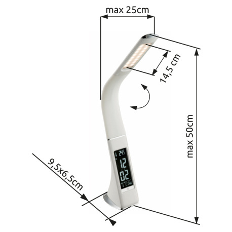 Stolová lampa, plast, biela, chróm, s hodinami a budíkom, flexo, zmena farby svetla, CCT 3000-4500-5 6