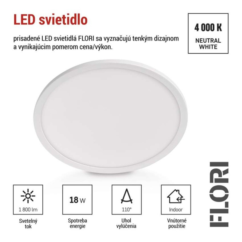 LED prisadené svietidlo FLORI okrúhle, biele, 18W, neutrálna biela 4