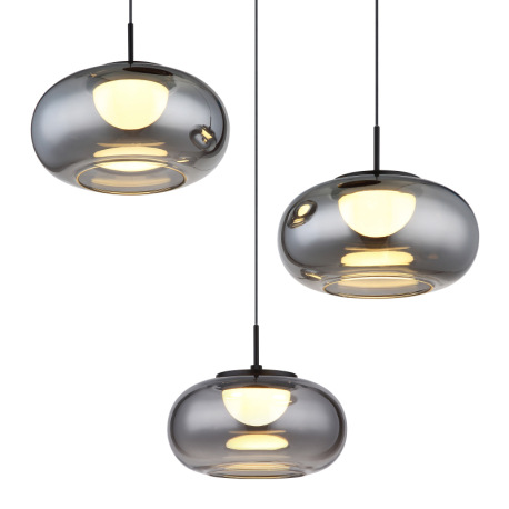 Závesné svietidlo, kov čierny matný, sklo dymovej farby, kábel čierny, ø: 490 mm, V: 1500 mm, nastav 3