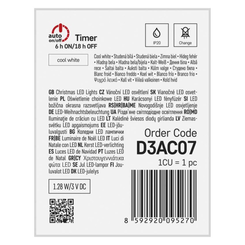 LED vianočná nano reťaz, 1,9 m, 2x AA, vnútorná, studená biela, časovač 9