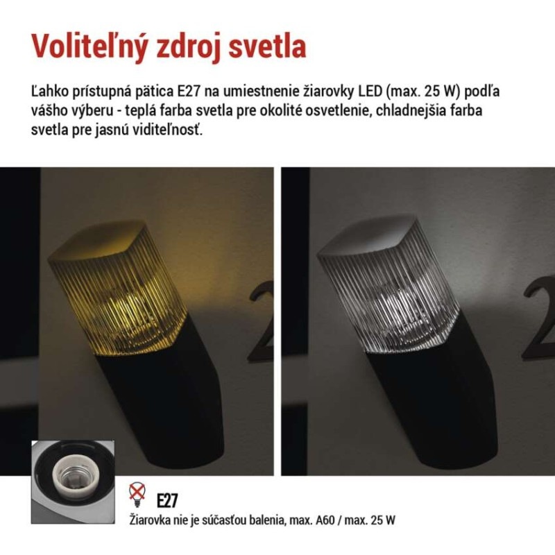 Záhradné nástenné svietidlo LANA, 10,6 x 8,8 x 28,5 cm, 1 x E27, 25 W 3