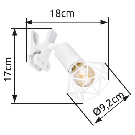 Štipcové svietidlo kov biely matný, plast, kovová mriežka biela matná, kábel PVC biely, kolískový vy 10