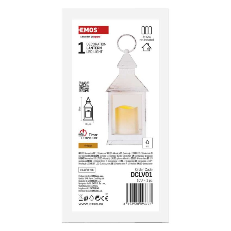 LED dekorácia – lampáš antik biela blikajúca, 3x AAA, vnútorný, vintage, časovač 7