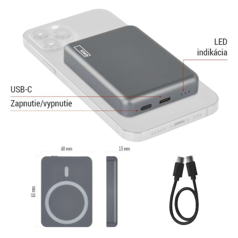 Power bank EMOS WI 522, 5 000 mAh, 20 W+Wireless, šedá 5