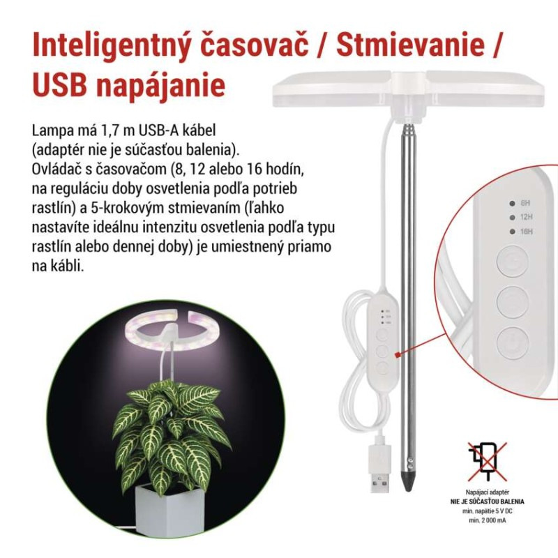 LED GROW pestovateľská lampa 8 W, časovač, stmievateľná, biela 8
