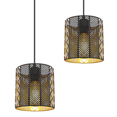 Závesné svietidlo, kov čierny matný, priehľadný akryl, krištále, tienidlá z vnútra zlaté, DxŠxV:800x 6