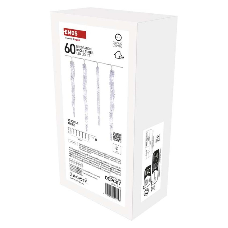 LED vianočná girlanda – cencúle, 12 ks, 3,6 m, vonk. a vnút., studená biela