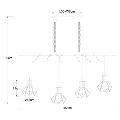 Závesné svietidlo, kov čierny, drevo, kov čierny, konopné lano, DxŠxV: 1000x150x1200, bez žiaroviek 9