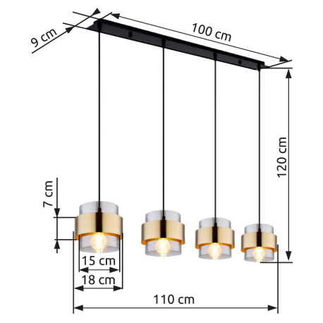 Závesné svietidlo, kov čierny matný, sklo, mosadz, DxŠxV: 1110x180x1200mm, bez žiaroviek 4x E27, max 11