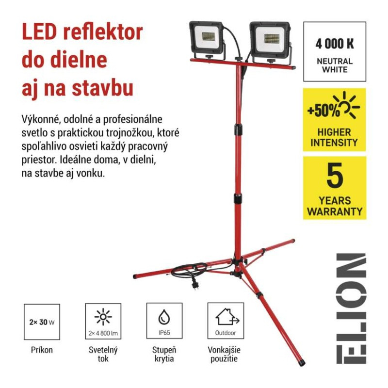 LED reflektor ELION, 2×30W + trojnožka, neutrálna biela 5