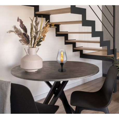 Stolové svietidlo, čierny matný kov, sklo chrómovej farby, priehľadné, čierny textilný kábel, kolísk 1