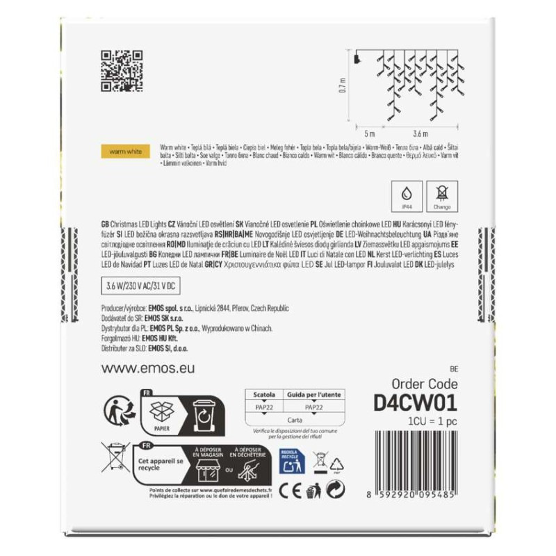 LED vianočné cencúle, 3,6 m, vonkajšie aj vnútorné, teplá biela, programy 9