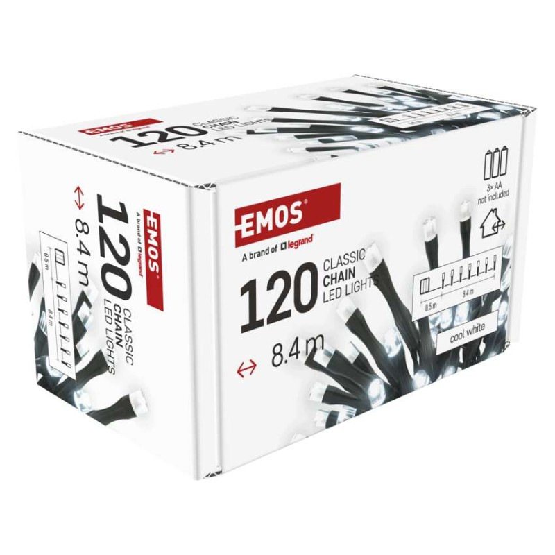 LED vianočná reťaz, 8,4 m, 3x AA, vonkajšia aj vnútorná, studená biela, časovač 8