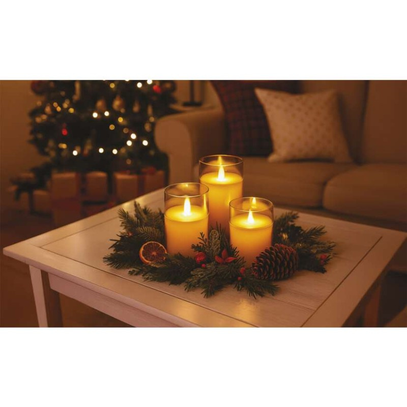 LED dekorácia - 3x vosková sviečka v skle, 6x AA, teplá biela, časovač 5