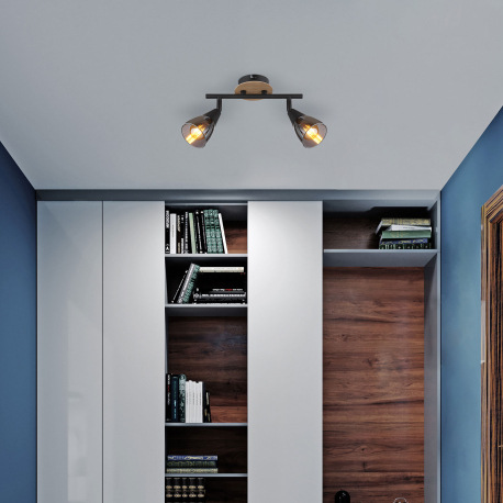 Nástenné svietidlo, bodové, kov čierny matný, drevo hnedé, sklo dymové, DxŠxV: 255x100x195mm, bez ži 7