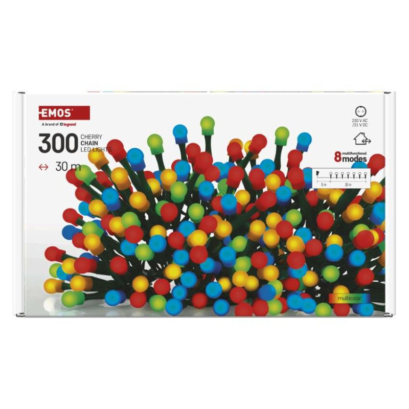 LED vianočná cherry reťaz – guličky, 30 m, vonk. aj vnútor., multicolor, programy, časovač 10