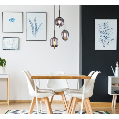 Závesné svietidlo, čierny kov, dymové sklo, 3 rôzne tvary skla, Ø 460, V: 1200, bez žiaroviek 3xE14, 1