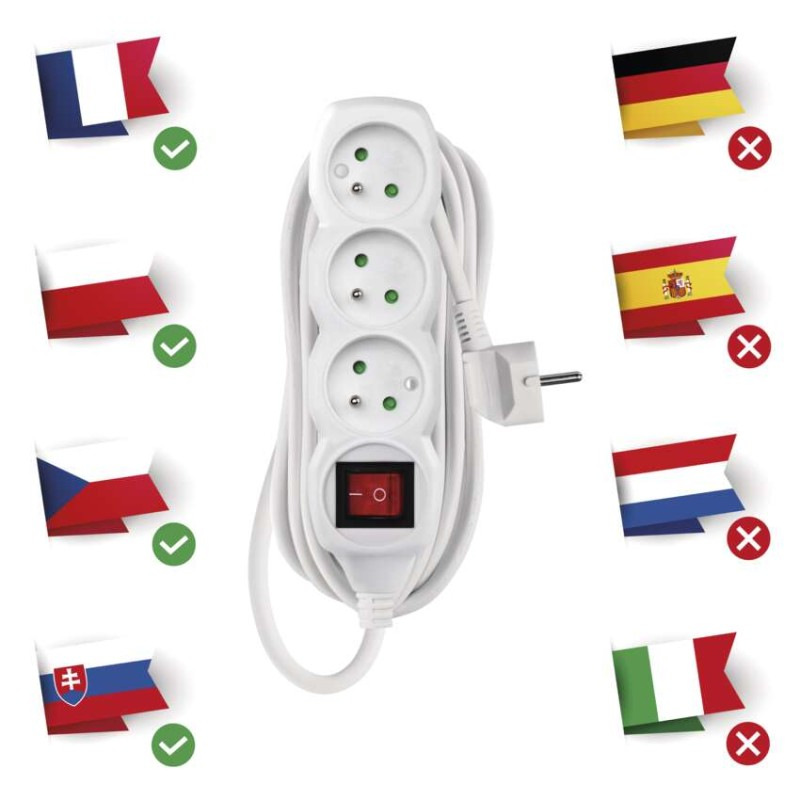Predlžovací kábel 5 m / 3 zásuvky / s vypínačom / biely / PVC / 1 mm2 1