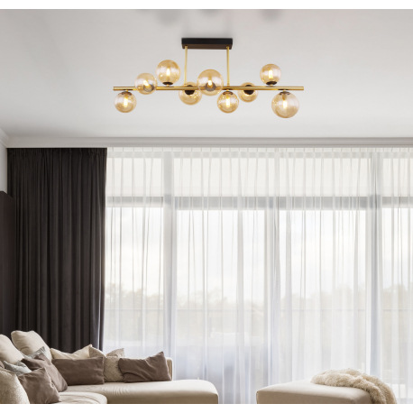 Stropné svietidlo, kov čierny, kov mosadz, sklo jantárové, DxŠxV:870x300x380mm, vrátane 9x G9 LED 3, 12