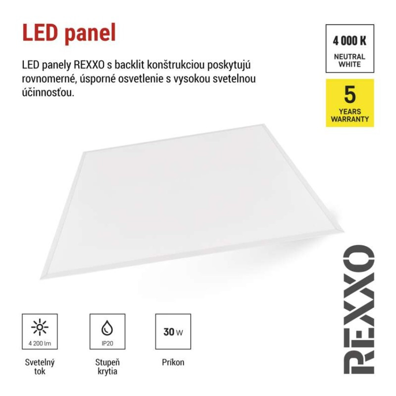 LED panel REXXO backlit 60×60, štvorcový vstavaný biely, 30W neutr.b. 3