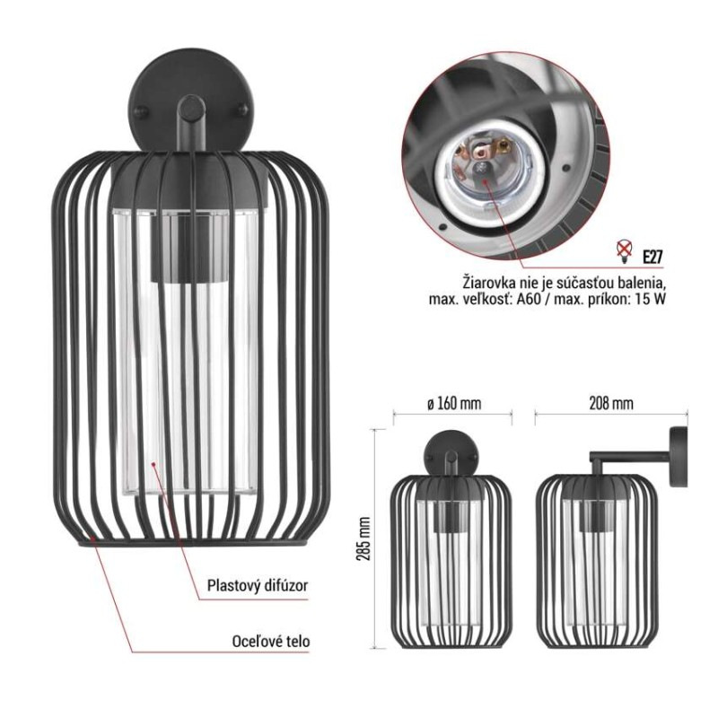 Zahradné nástenné svietidlo SALVIA, 20,8 x 16 x 28,5 cm, 1 x E27, 15 W 4
