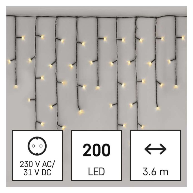 LED vianočné cencúle, 3,6 m, vonkajšie aj vnútorné, teplá biela, programy 1