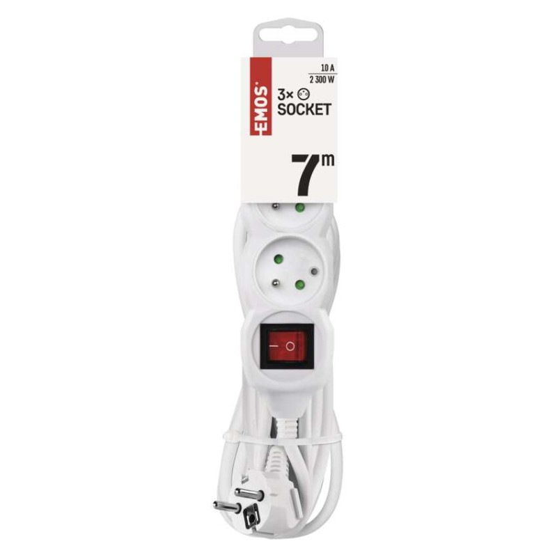 Predlžovací kábel 7 m / 3 zásuvky / s vypínačom / biely / PVC / 1 mm2