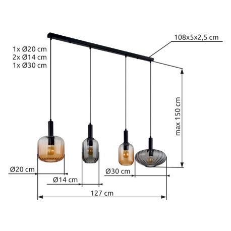 Závesné svietidlo, kov čierny matný, sklo, kábel PVC čierny, možnosť skrátenia výšky, rôzne tvary sk 14