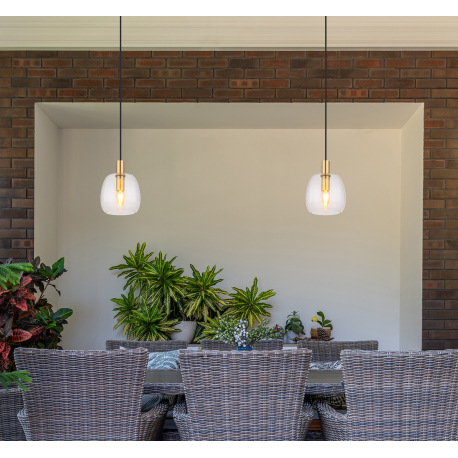 Závesné svietidlo kov mosadzná farba, hliník mosadz, sklo číre, kábel PVC čierny, možnosť nastavenia 8