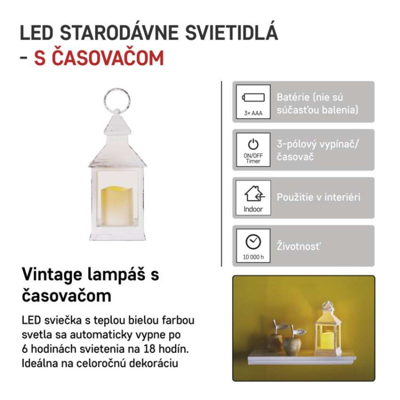 LED dekorácia – lampáš antik biela blikajúca, 3x AAA, vnútorný, vintage, časovač 4